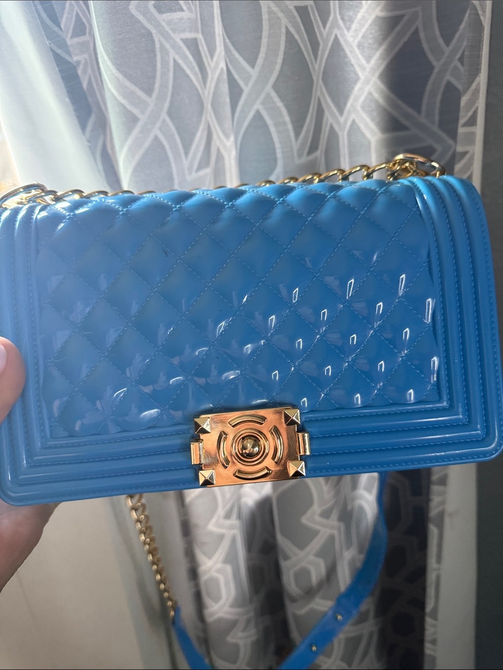 Blue Quilted Patent Chain Shoulder Bag